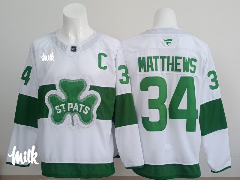 Men 2025 Toronto Maple Leafs #34 Matthews White Green Fanatics Home Premium NHL Jersey style 3
